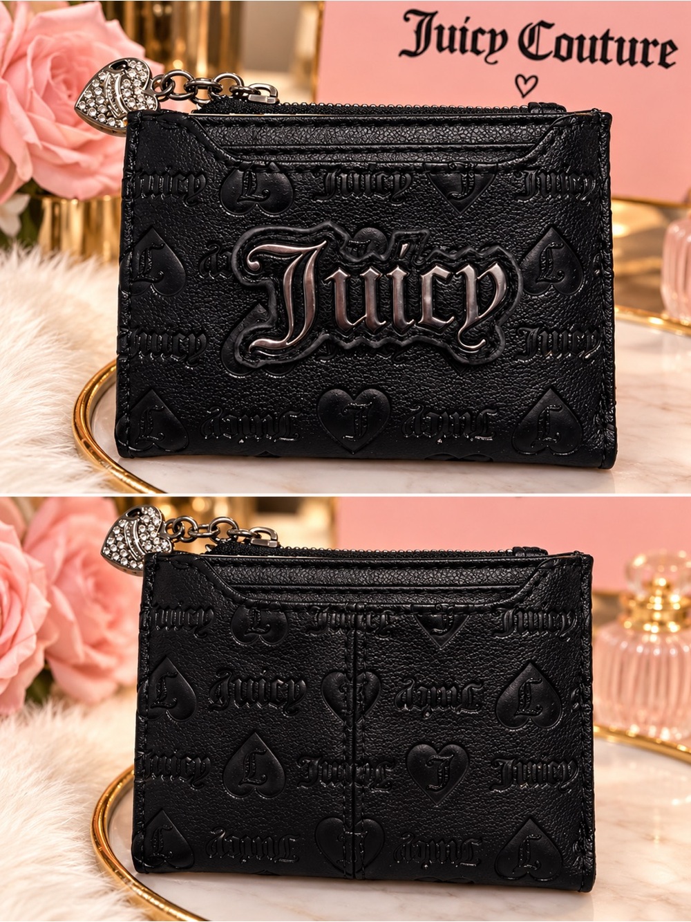 Juicy Couture Black Embossed Logo Zip Card Wallet